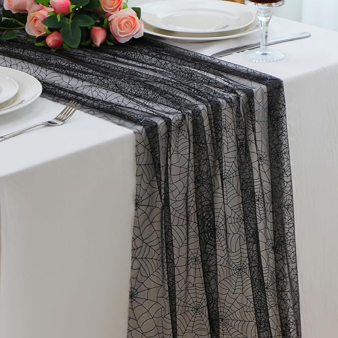 Snowkingdom Halloween Table Runner, 10 FT Black Spider Web Runners Metallic Sequin Sheer Chiffon Gauze Cheesecloth, Black Party Decorations for Halloween Kitchen Dinner Table Birthday Home Indoor