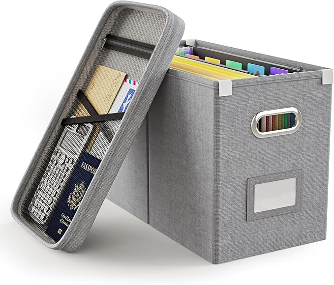 Oterri File Organizer Box with Lid, Hanging Filing File Box with Mesh Pocket, Document Organizer Box for Letter Files, Portable Storage Box with Smooth Sliding Rail for Office&Home(1 PCS, Grey)