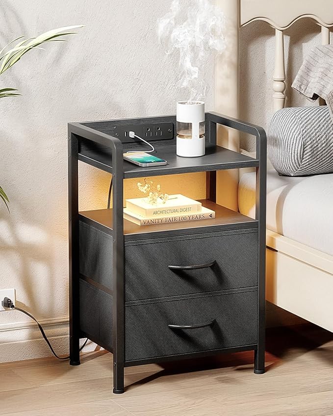 Night Stand Bedside Charger Bedroom - Nightstand with Charging Station & LED Light Strip, Night Stand with Storage Shelf & 2 Fabric Drawers, Morden End Table with U-S-B Ports & AC Outlets