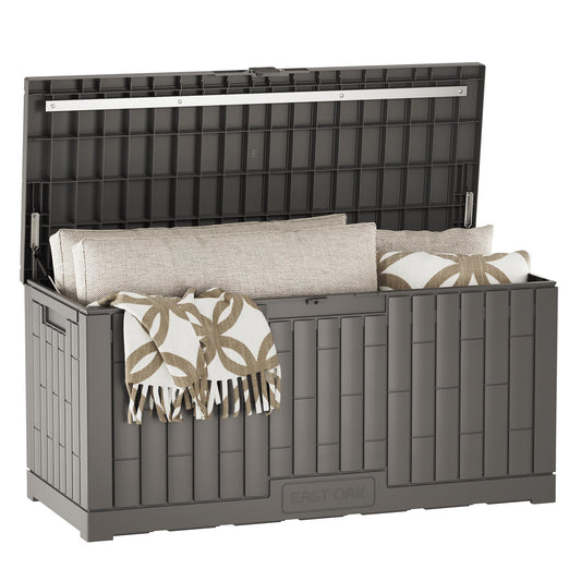 EAST OAK 120 Gallon Outdoor Storage Box | Large Resin Deck Box with Reinforced Stainless Steel Support | Waterproof & UV-Resistant Patio Storage Box for Cushions, Garden Tools & Pool Accessories, Grey