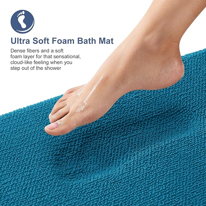 OLANLY Thick Memory Foam Bath Mat Rug 24x16, Extra Soft Absorbent Bathroom Rug, Quick Dry Bath Mat, Non-Slip, Machine Washable Carpet for Bathroom, Tub and Shower, Home Decor Accessories, Peacock Blue