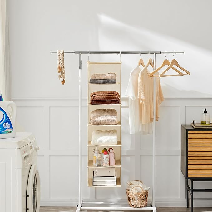 MAX Houser 6 Tier Shelf Hanging Closet Organizer, Cloth Hanging Shelf with 2 Sturdy Hooks for Storage, Foldable (Beige)