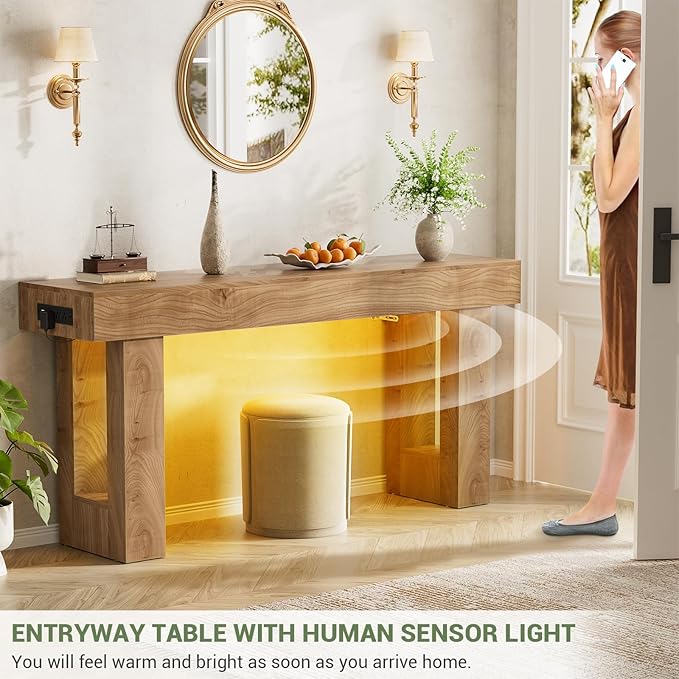 Unikito 63'' Farmhouse Console Table with Power Outlets and Sensor Light, Wooden Entryway Table with Storage, Rectangular Sofa Tables Behind The Couch for Entrance, Hallway, Living Room, Natural Oak