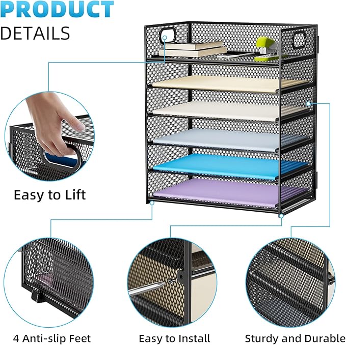 Marbrasse 6 Tier Paper Organizer Letter Tray - Mesh Desk File Organizer with Handle, Paper Sorter Organizer for Letter/A4 Office File Folder Holder - Black