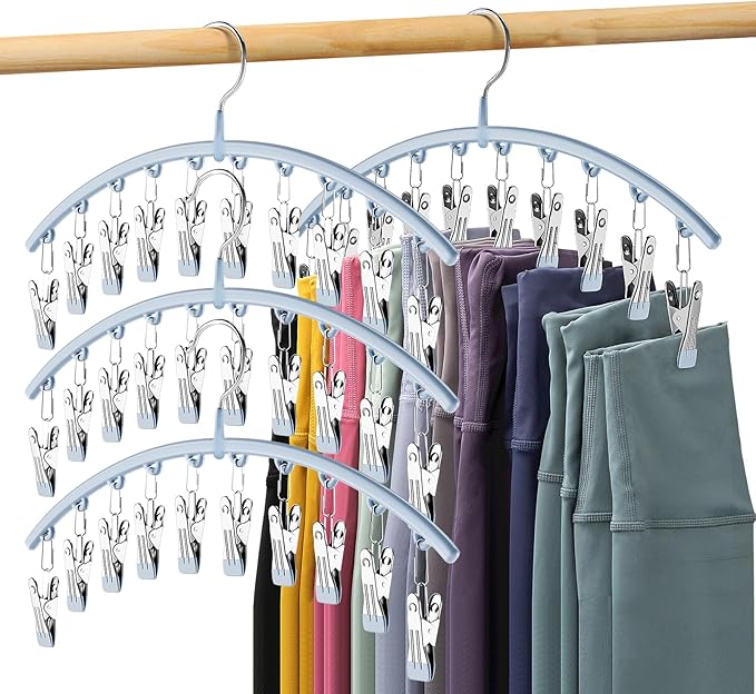 Legging Organizer for Closet, Metal Yoga Pants Hanger w/Rubber Coated 4 Pack w/10 Clips Hold 40 Leggings, Hangers Space Saving Hanging for Closet Organizers and Storage, Blue