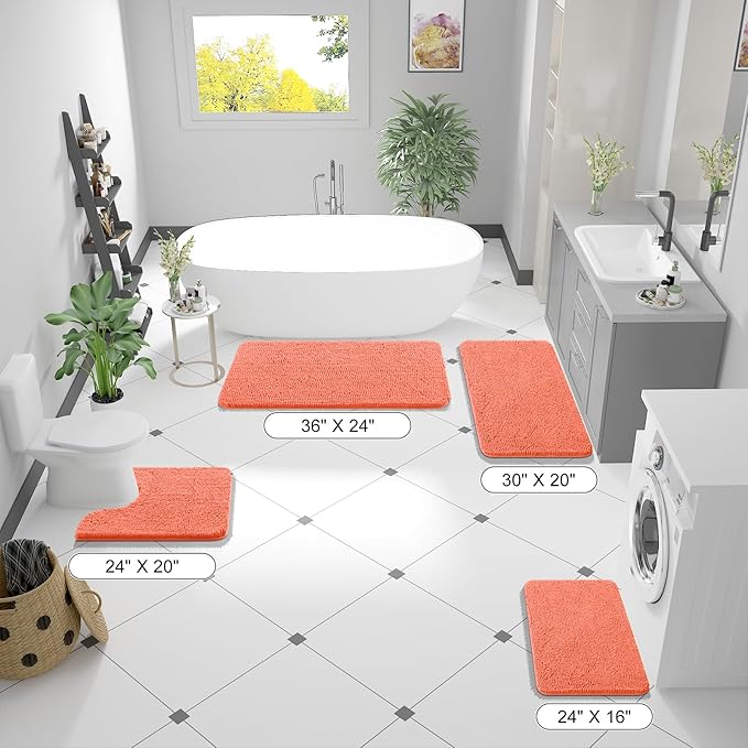 OLANLY Bathroom Rugs 59x24, Extra Soft Absorbent Chenille Bath Rugs, Rubber Backing Quick Dry, Machine Washable Bath Mats for Bathroom Floor, Tub and Shower, Home Decor Accessories, Coral