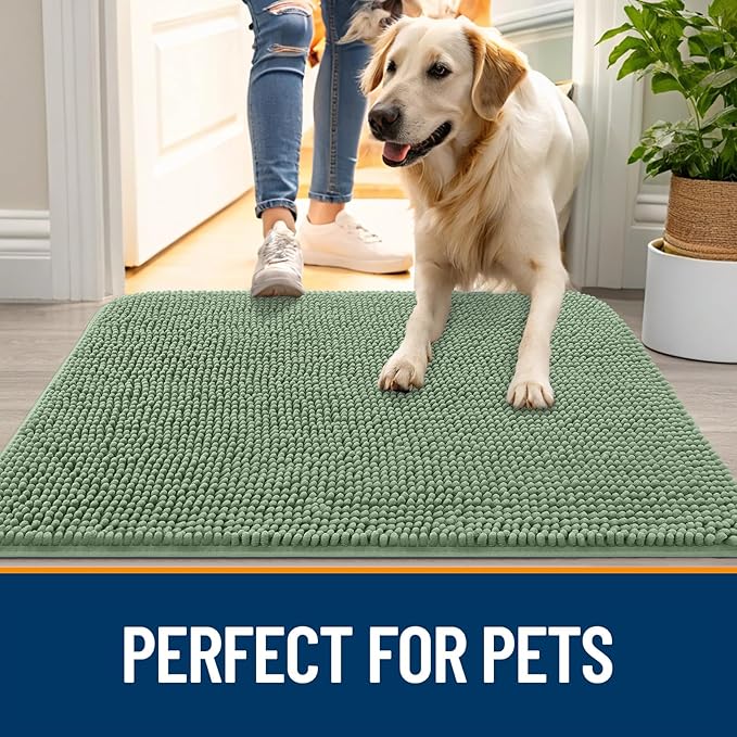 OLANLY Dog Door Mat for Muddy Paws 54x24, Absorbs Moisture and Dirt, Absorbent Non-Slip Washable Doormat, Quick Dry Chenille Mud Mat, Entry Indoor Entryway Carpet for Inside Floor, Olive Green