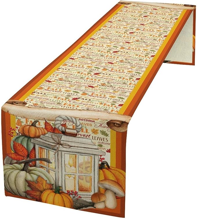 Fall Pumpkin Table Runner Rustic Farmhouse Mushrooms Leaves Berries Lanterns Thanksgiving Theme Home Decor for Farmhouse Indoor Outdoor Party Holiday Dining Kitchen Restaurant Cafe W13xL90in