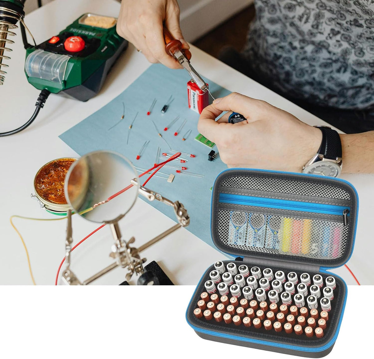 9V, 3V ALKOO Battery Organizer Case for AA AAA Batteries, Storage Holder Box with Mesh Pocket for C, Lithium Cells