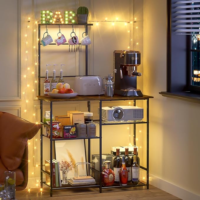 Baker's Rack for Kitchen with Storage, Microwave Stand with Adjustable Shelves and 10 S Hooks, 6-Tier Coffee Bar Station, Kitchen Shelves for Spices, Pots, Rustic Brown
