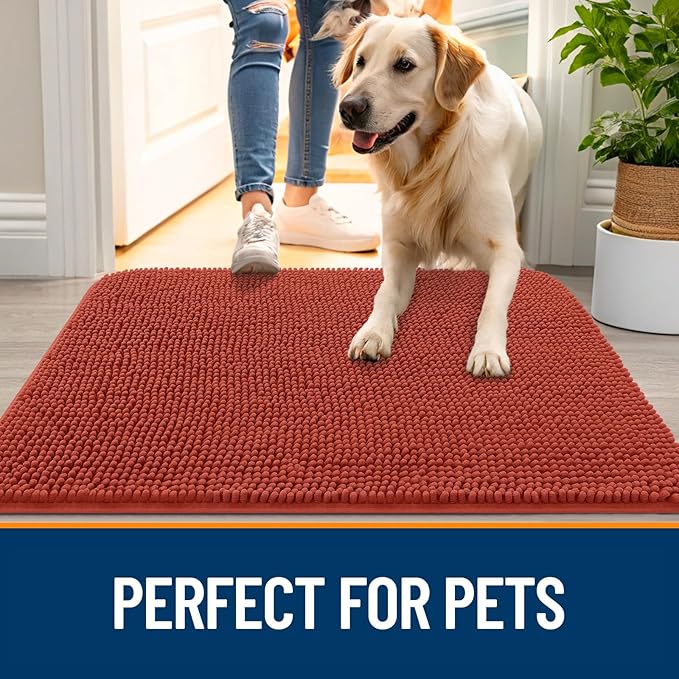 OLANLY Dog Door Mat for Muddy Paws 24x16, Absorbs Moisture and Dirt, Absorbent Non-Slip Washable Doormat, Quick Dry Chenille Mud Mat for Dogs, Entry Indoor Entryway Carpet for Inside Floor, Maple Red