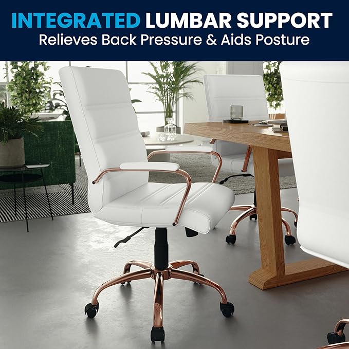 Flash Furniture Whitney Mid-Back Swivel LeatherSoft Desk Chair with Padded Seat and Armrests, Adjustable Height Padded LeatherSoft Office Chair, White/Rose Gold