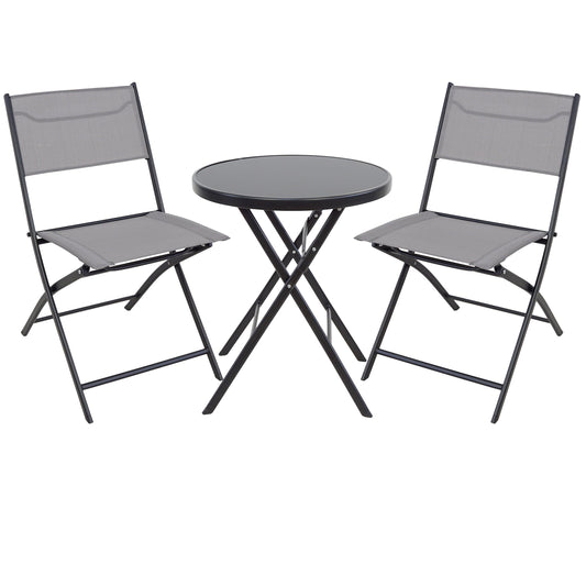 BTEXPERT 3-Piece Patio Bistro Dining Furniture Set Portable Folding Picnic Table Two Chairs Outdoor Foldable Gray for Backyard Porch Party RV Event Camping Commercial Grade Tempered Glass No Assembly