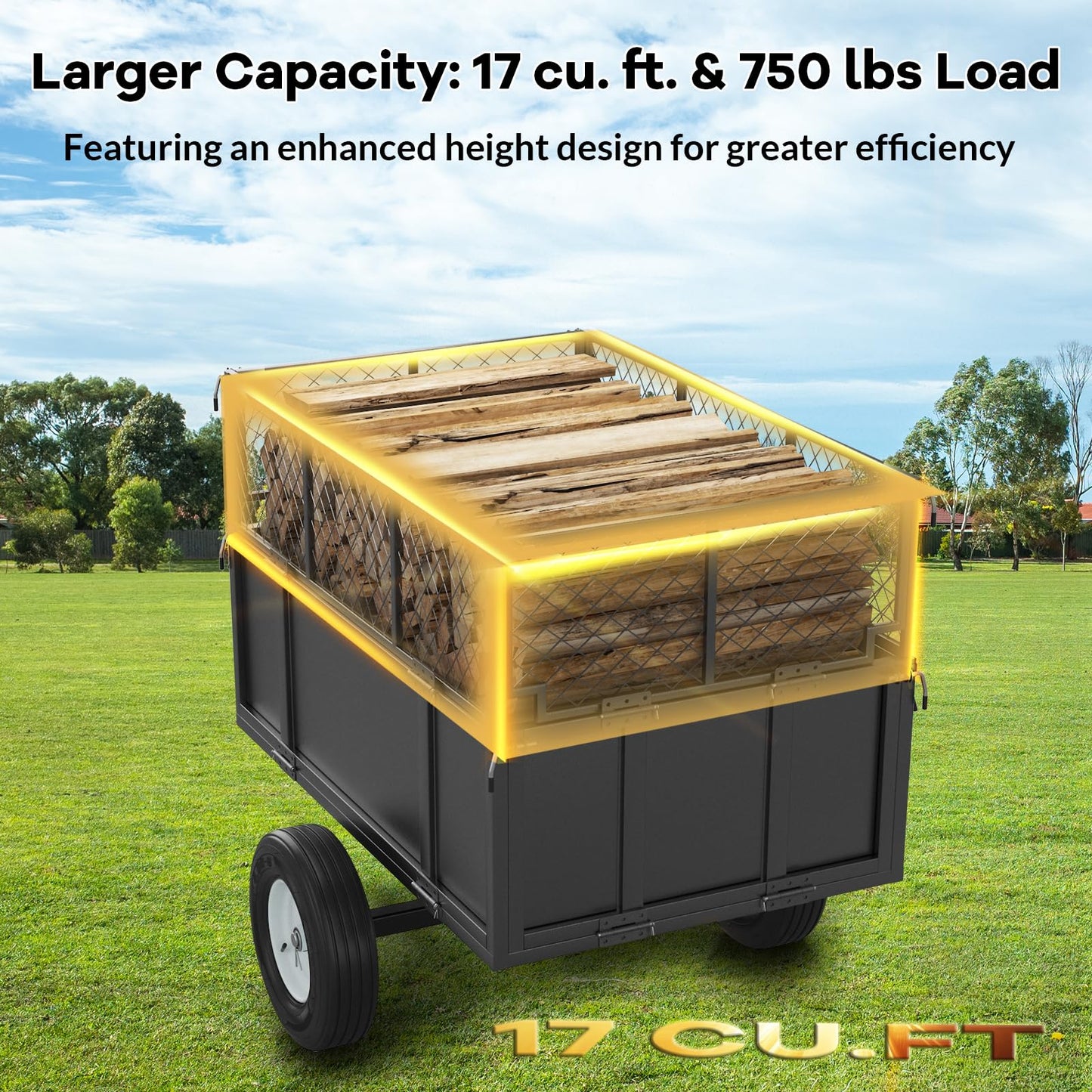 GarveeLife Heavy Duty 750 lbs Steel Garden Dump Cart for ATV/UTV – 17 Cu Ft Utility Trailer – Removable Sides, Pneumatic Tires, Quick-Dump – Yard Cart for Lawn Tractor, Mower, Farm & Landscaping