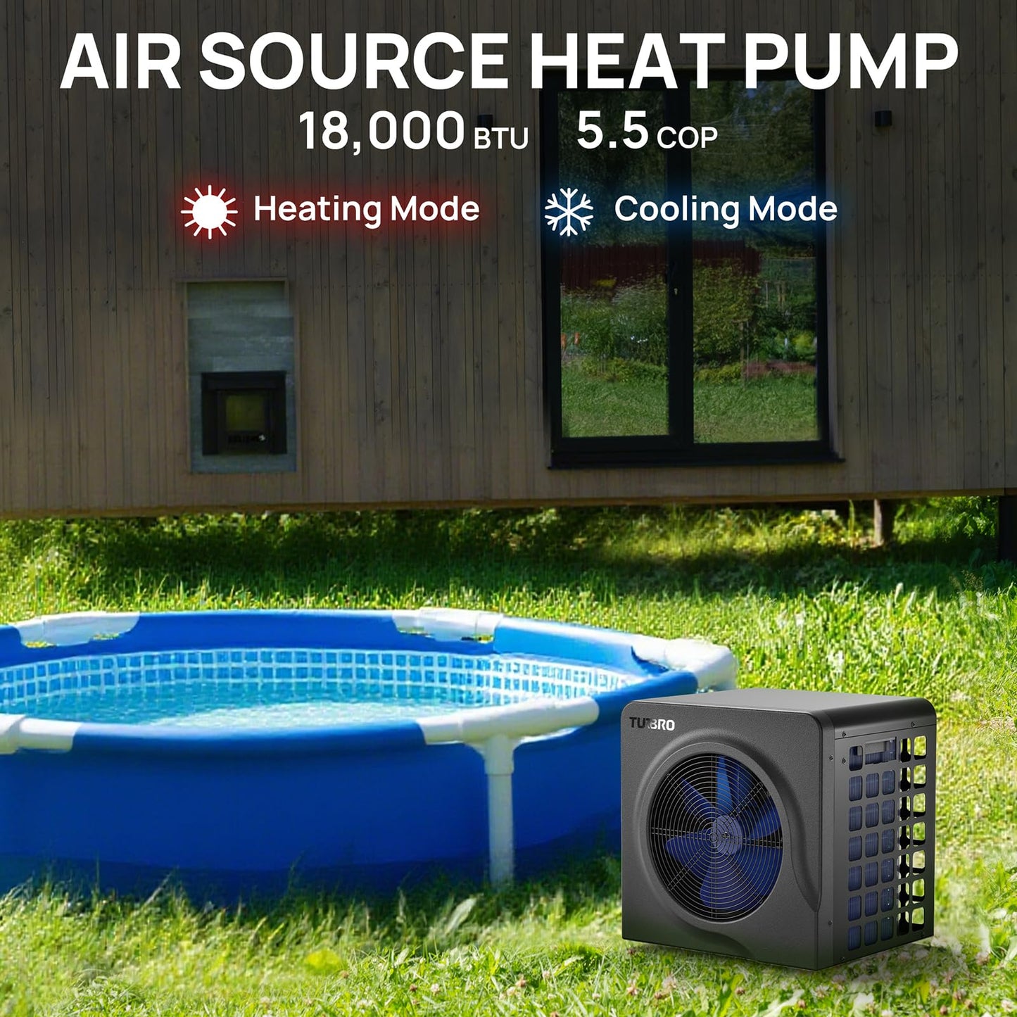 TURBRO 18,000 BTU Swimming Pool Heat Pump, Electric Pool Heater for Above-Ground Pools and Spas up to 6,000 Gallons, Titanium Heat Exchanger, 5.5 COP, IPX4-Waterproof, 110-120V, Manatee M18