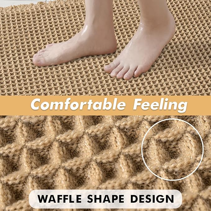 MIULEE Set of 2 Waffle Bathroom Rugs, Boho Bath Rugs Non Slip Washable, Super Absorbent Bath Mats, Ultra Soft Rubber Backed Shower Mats for Bathroom Floor, Tub and Shower, Brown, 17x24 Inch