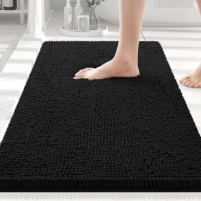 Smiry Luxury Chenille Bathroom Rugs 30x20, Extra Soft and Absorbent Shaggy Bath Mat, Machine Washable, Non-Slip Plush Carpet Runner for Tub, Shower, and Floor, Home Decor Accessories, Black