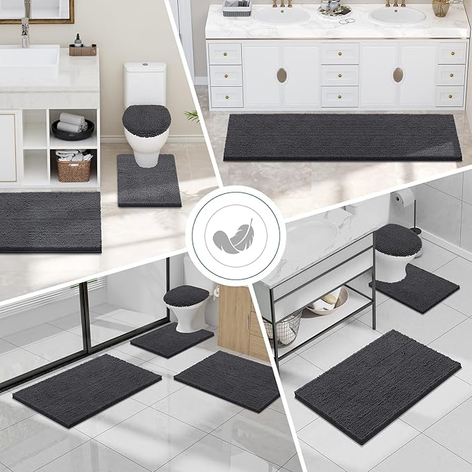 Smiry Luxury Chenille Bathroom Rugs 45x27, Extra Soft and Absorbent Shaggy Bath Mat, Machine Washable, Non-Slip Plush Carpet Runner for Tub, Shower, and Floor, Home Decor Accessories, Charcoal Grey