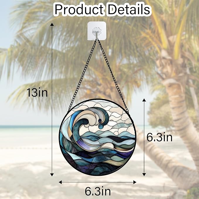 Stained Glass Window Hanging, Ocean Waves Sun Catchers Diamond Glass Panel Hangings Abstract Suncatcher Decor for Birthday for Women, Men, Wife, Aunt, and Mom 6.3 in