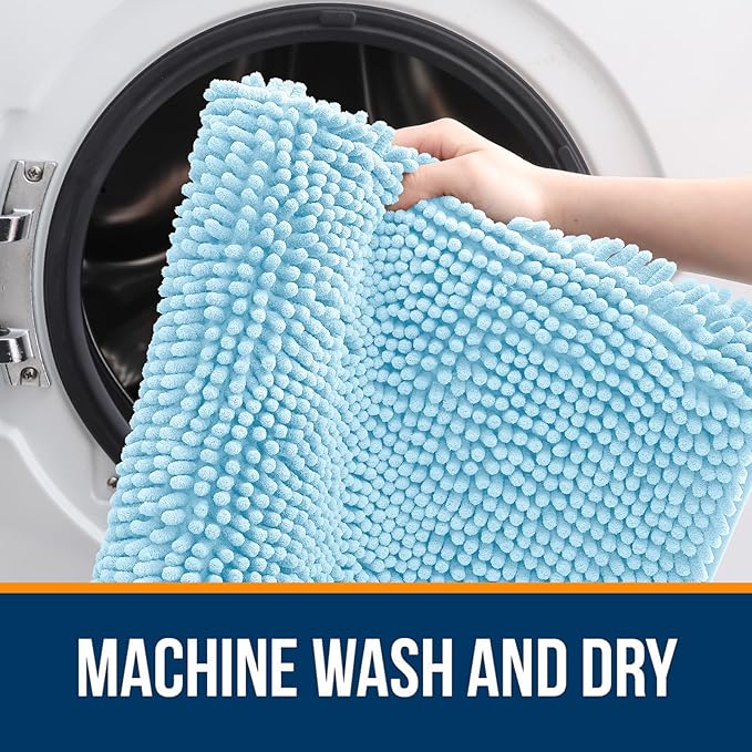 OLANLY Bathroom Rugs 59x20, Extra Soft Absorbent Chenille Bath Rugs, Rubber Backing Quick Dry, Machine Washable Bath Mats for Bathroom Floor, Tub and Shower, Home Decor Accessories, Sky Blue