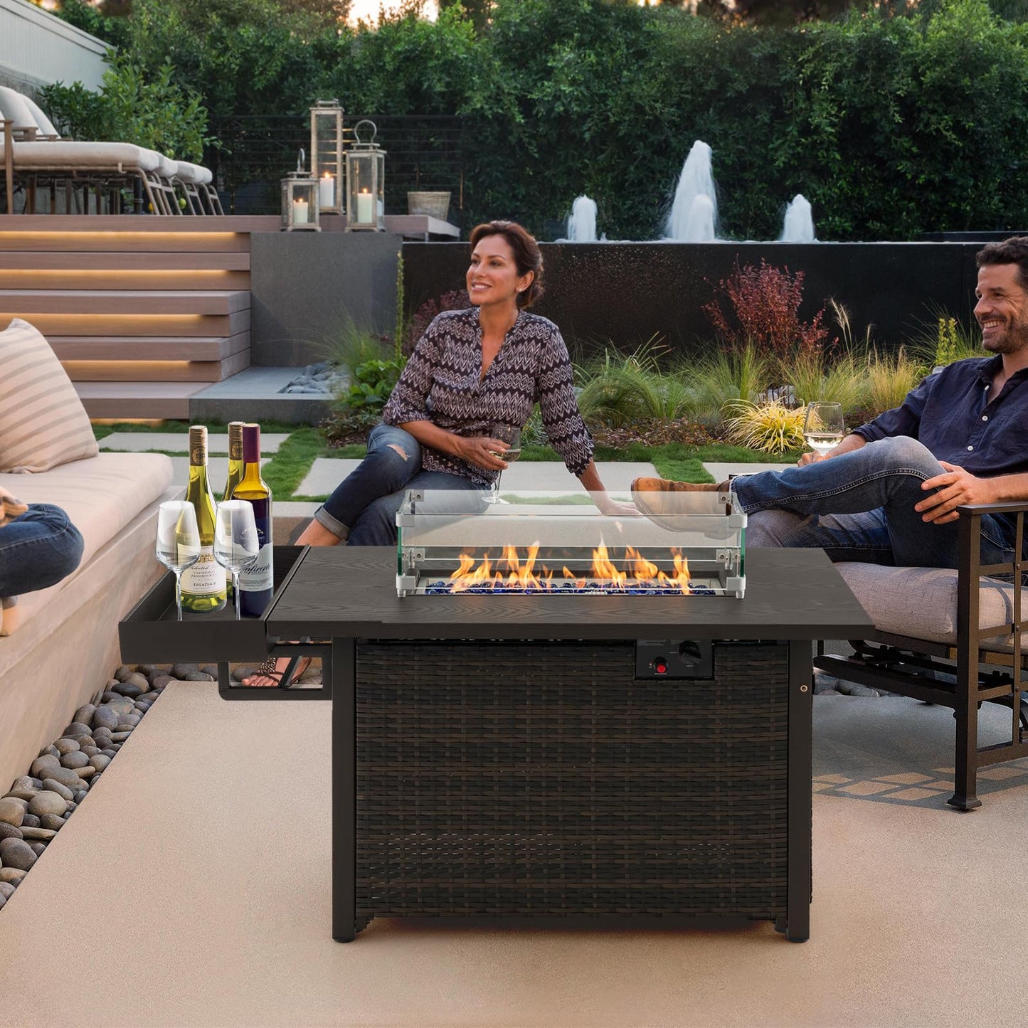 Tangkula Patio Propane Fire Pit Table, 52 Inch Wicker Gas Fire Pit with Wind Guard & Extended Shelf, 50,000 BTU Heat Output, Rectangular Fire Table with Blue Fire Stone & Waterproof Cover (Brown)