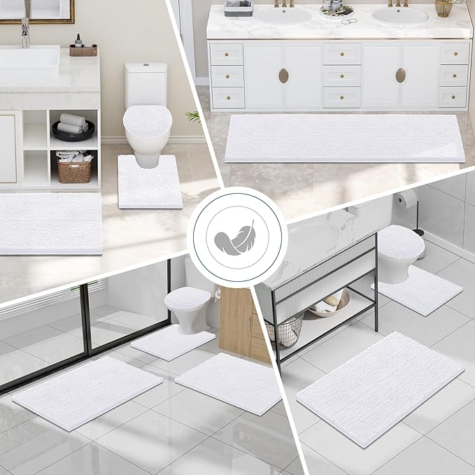 Smiry Luxury Chenille Bathroom Rugs 40x24, Extra Soft and Absorbent Shaggy Bath Mat, Machine Washable, Non-Slip Plush Carpet Runner for Tub, Shower, and Floor, Home Decor Accessories, White
