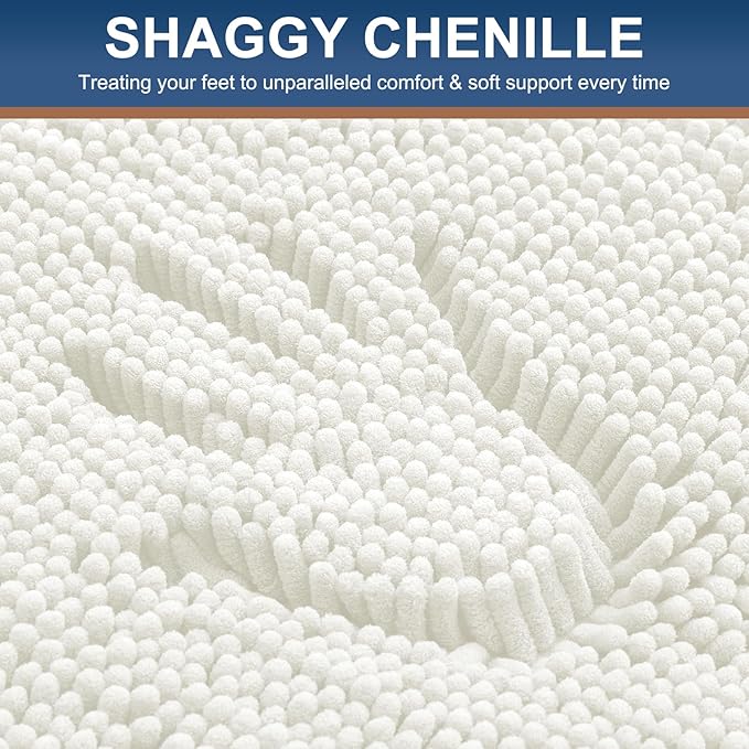 Smiry Luxury Chenille Bathroom Rugs 50x30, Extra Soft and Absorbent Shaggy Bath Mat, Machine Washable, Non-Slip Plush Carpet Runner for Tub, Shower, and Floor, Home Decor Accessories, Ivory