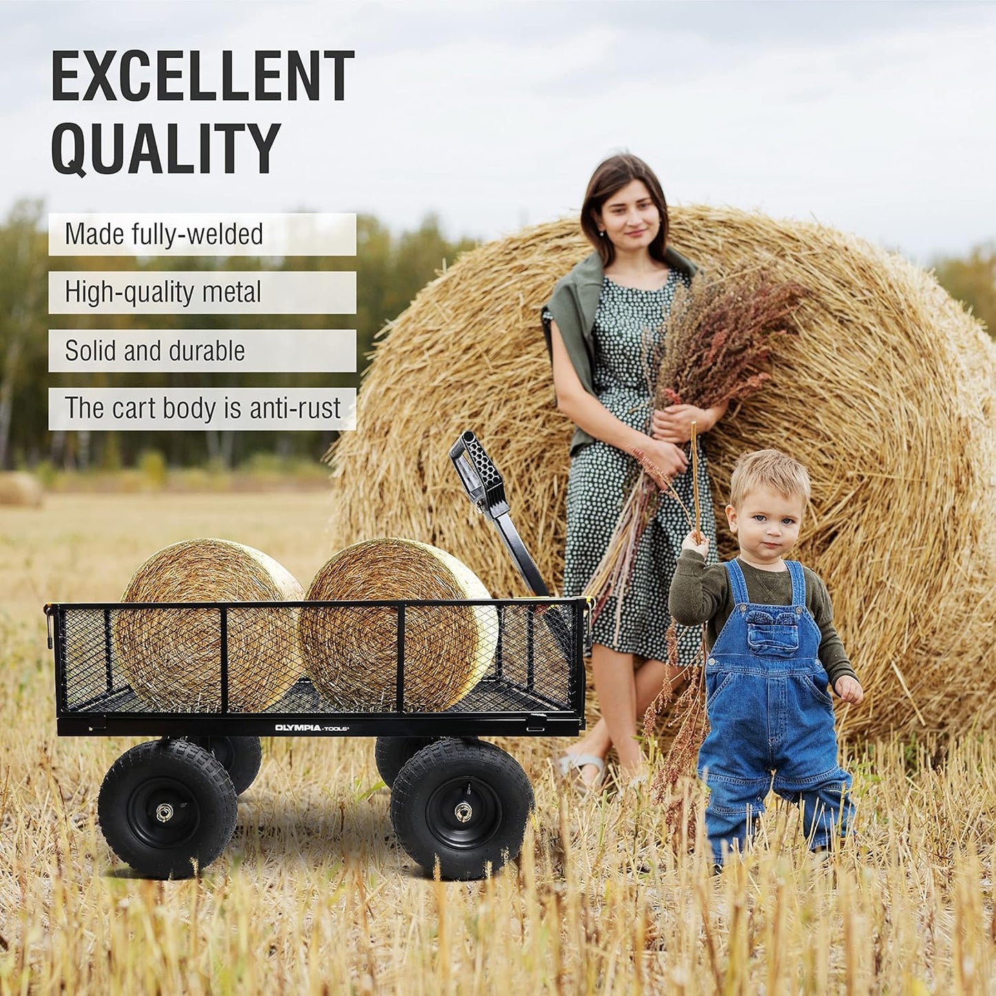 Olympia Tools Steel Garden Cart 1,000lbs 6-cu ft Utility Cart, Heavy Duty Wagon, with Removable Mesh Sides to Convert into Flatbed, Lawn and Utility Wagons Cart