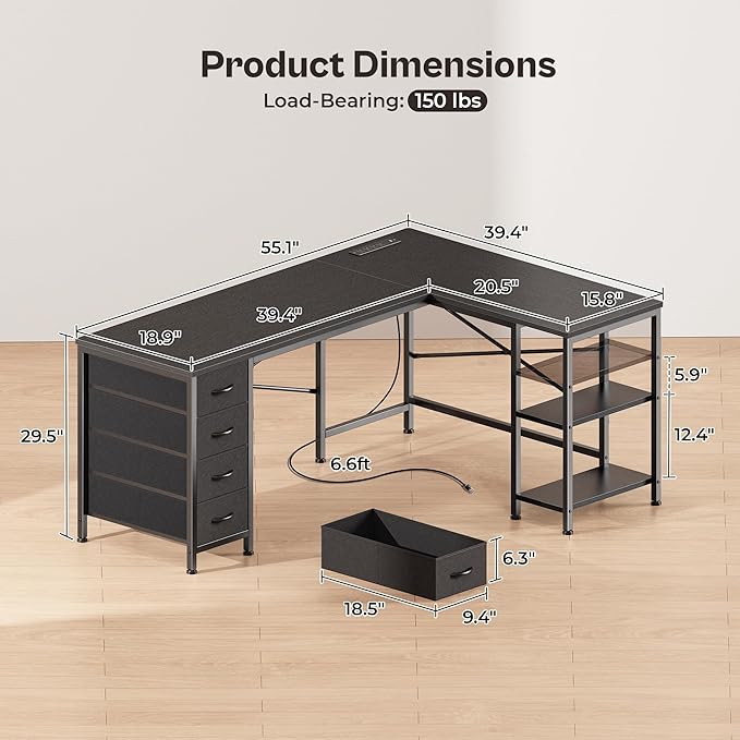 Huuger 55 Inch L Shaped Desk with Fabric Drawers, Reversible Computer Gaming Desk with Power Outlets and USB-C Port, Adjustable Side Storage Shelves, for Work Study Corner Home Office, Black