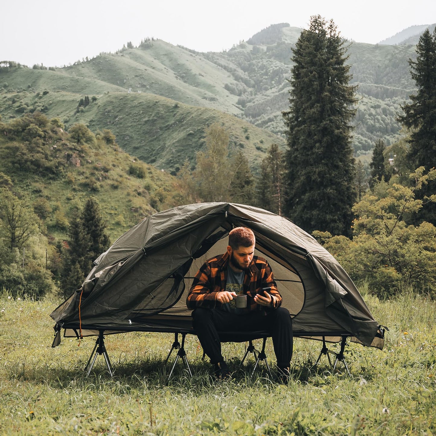 Night Cat Camping Cot Tent - Waterproof 1-Person Off-Ground Combo Cot Bed for Adults Portable Easy Set-up Tent Green 31.5'' Width
