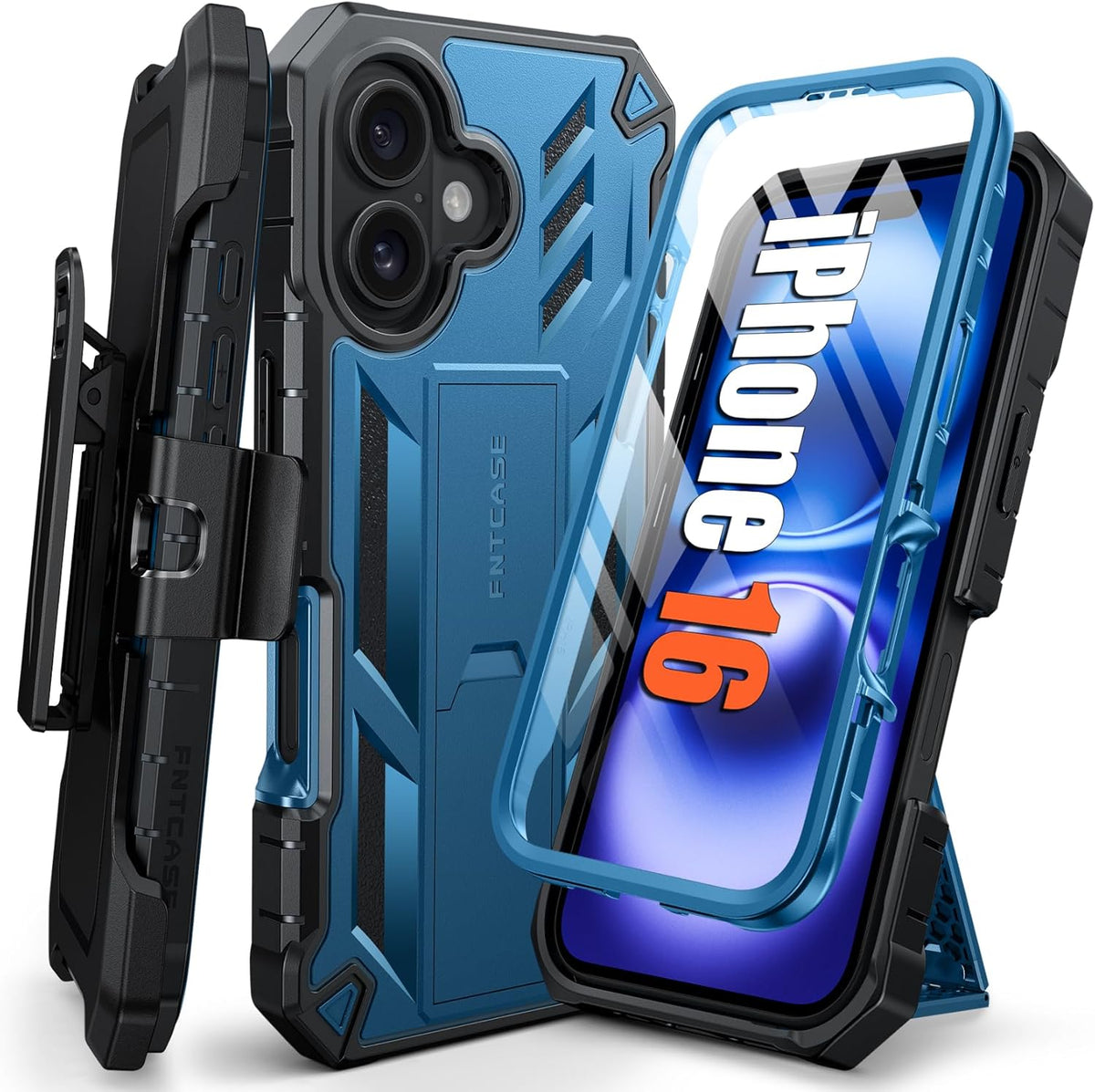 FNTCASE 16 for iPhone Phone Case: Military Grade [Built-in Screen Protector] [Belt-Clip & Kickstand] Matte Drop Proof