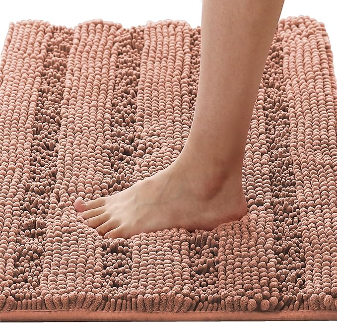 H.VERSAILTEX Bathroom Rugs Bath Rugs for Bathroom Non Slip Bath Mats Extra Thick Chenille Striped Rug 17" x 24" Absorbent Soft Shaggy Washable Dry Fast Bath Mats - Muted Clay