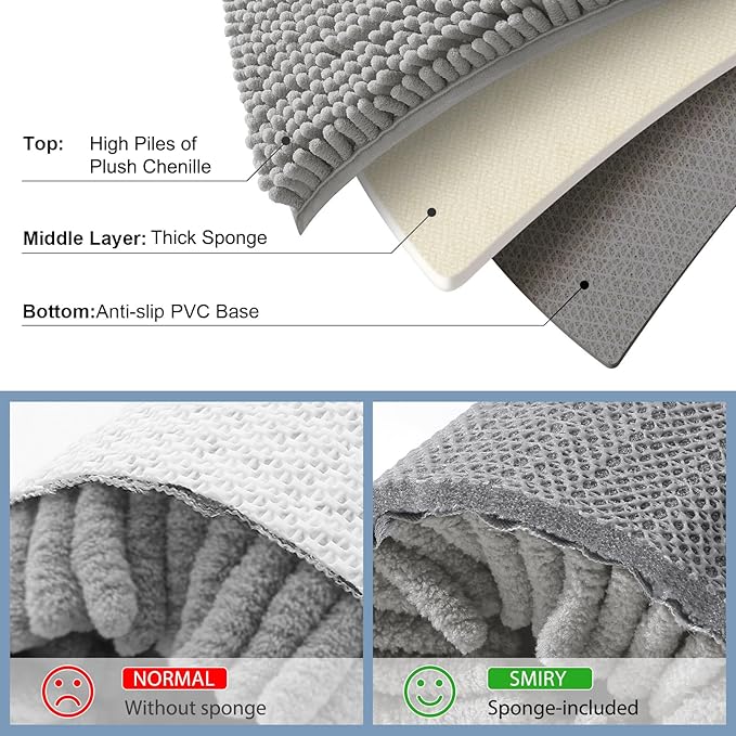 Smiry Luxury Chenille Bathroom Rugs 36x24, Extra Soft and Absorbent Shaggy Bath Mat, Machine Washable, Non-Slip Plush Carpet Runner for Tub, Shower, and Floor, Home Decor Accessories, Light Grey