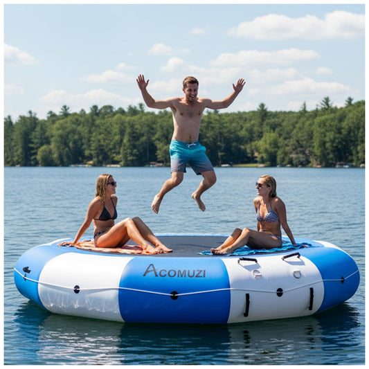 ACOMUZI Inflatable Water Trampoline for Lake Pool Ocean, 10FT/12FT/15FT Heavy Duty Floating Bounce Swim Platform with Ladder & Ropes, Inflatable Floating Dock for Family (NO Pump)