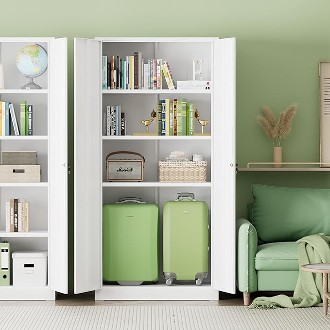 INTERGREAT Metal Storage Cabinet, 72" H Lockable Steel Cabinets with Locking Doors, Storage Locker with Adjustable Shelves for Office, Home, Garage, Gym, School (White)