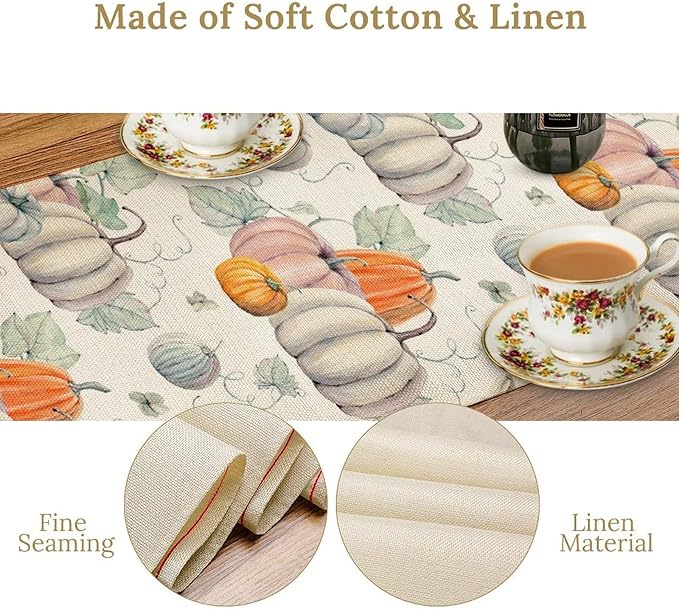 Fall Pumpkin Table Runner Vintage Leaves Plant Motifs Thanksgiving Theme Watercolor Illustration Home Decor for Farmhouse Indoor Outdoor Party Holiday Dining Kitchen Restaurant Cafe W13xL60in