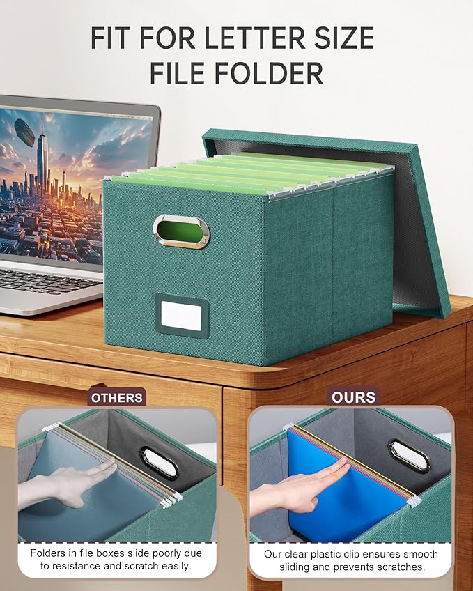 2 Pack File Storage Organizer, Document Organizer, Portable File Box with Lid, Fit for Letter/Legal File Folder Storage,Forest-green-Box only