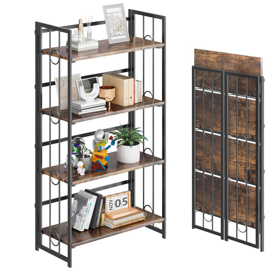 4NM No Assembly 4 Tiers Folding Bookshelf, 47.2" H Foldable Storage Shelves Vintage Bookcase Standing Racks Study Organizer Home Office - Rustic Brown Black