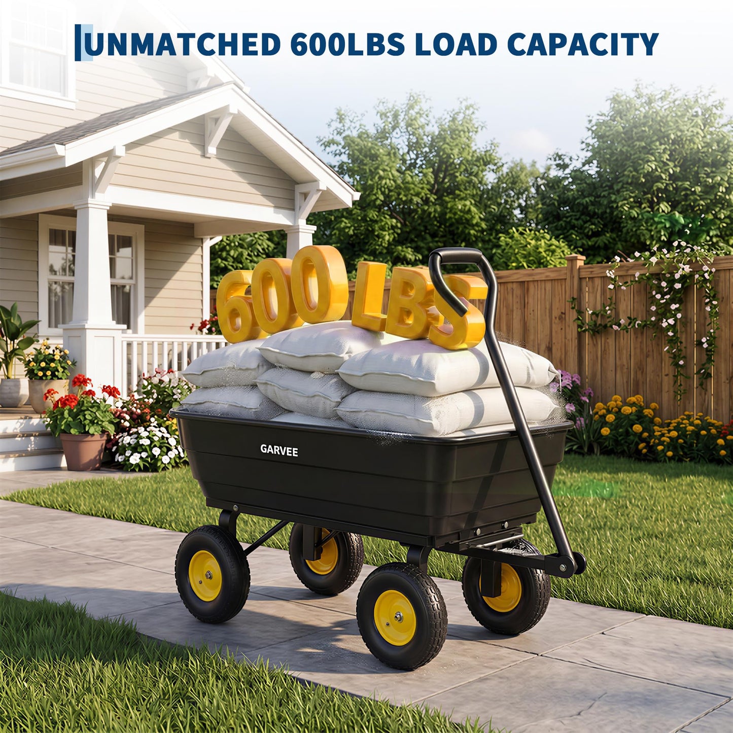 GarveeLife Poly Garden Dump Cart, 600 lb Wheelbarrow Yard Cart with 10 in Wheels, Quick-Dump & Towable Utility Wagon for Yard, Soil, Rocks（Black）