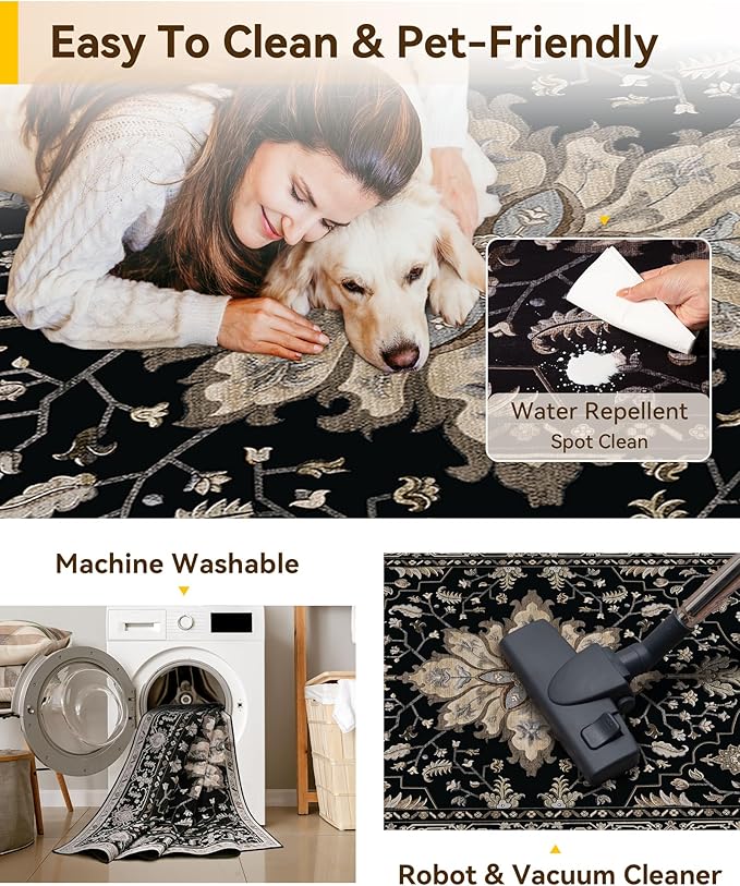 Area Rugs 4ft Washable Non-Slip, Floral Vintage Distress Print Pattern Medallion Carpet for Living Room Bedroom Dining Room, Black Brown Neutral Dark Tan