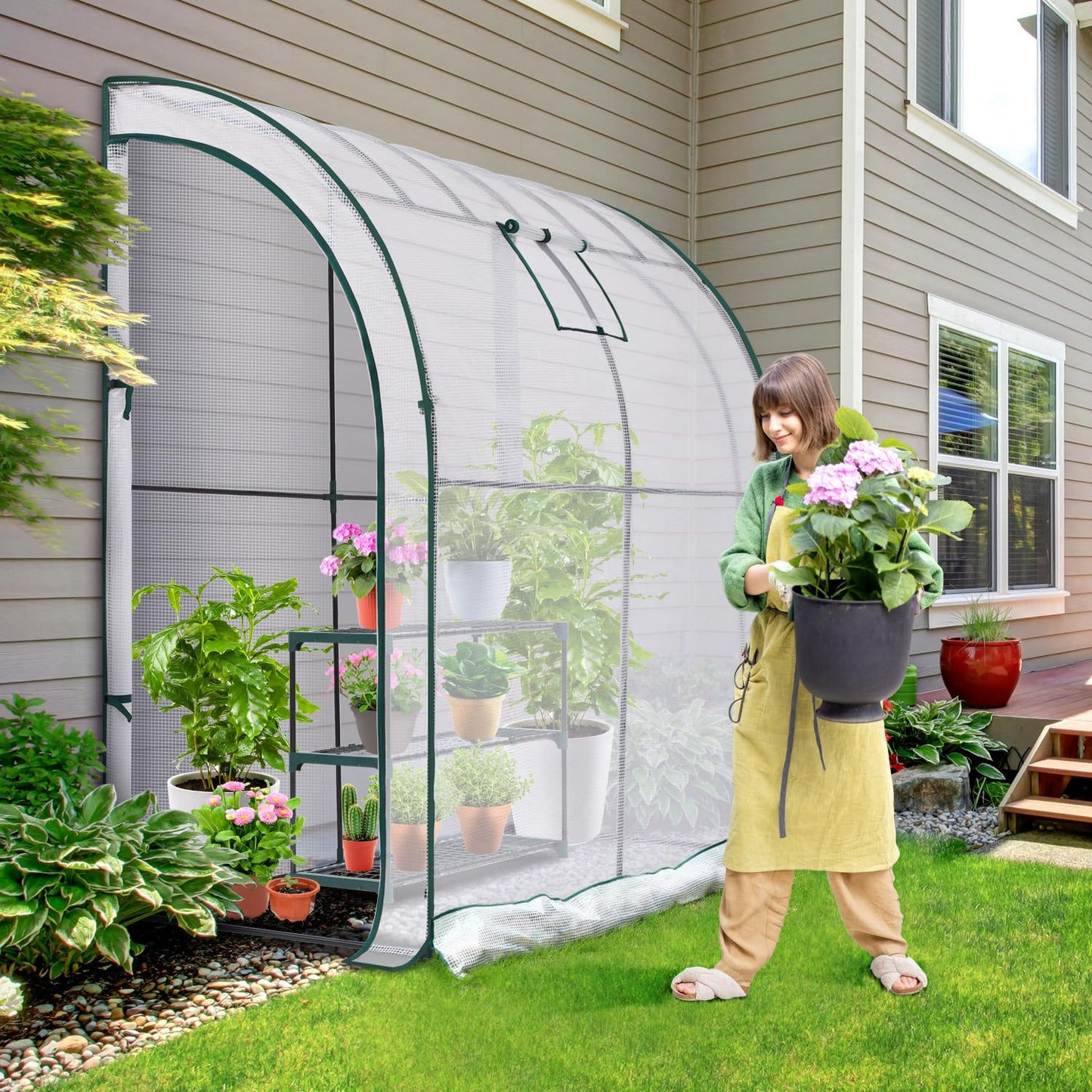 Ohuhu Portable Lean to Greenhouse with 3 Pack Plant Shelves, White