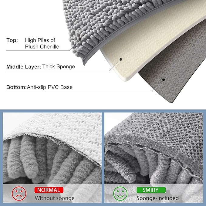 Smiry Luxury Chenille Bathroom Rugs 59x20, Extra Soft and Absorbent Shaggy Bath Mat, Machine Washable, Non-Slip Plush Carpet Runner for Tub, Shower, and Floor, Home Decor Accessories, Grey