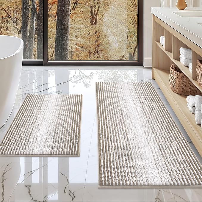BSICPRO Bathroom Rugs and Mats Sets, 2 Piece Thick Absorbent Chenille Non Slip, Soft Shaggy Floor Mats, Machine Washable (Light Taupe, 20" x 47" Plus 16" x 24")