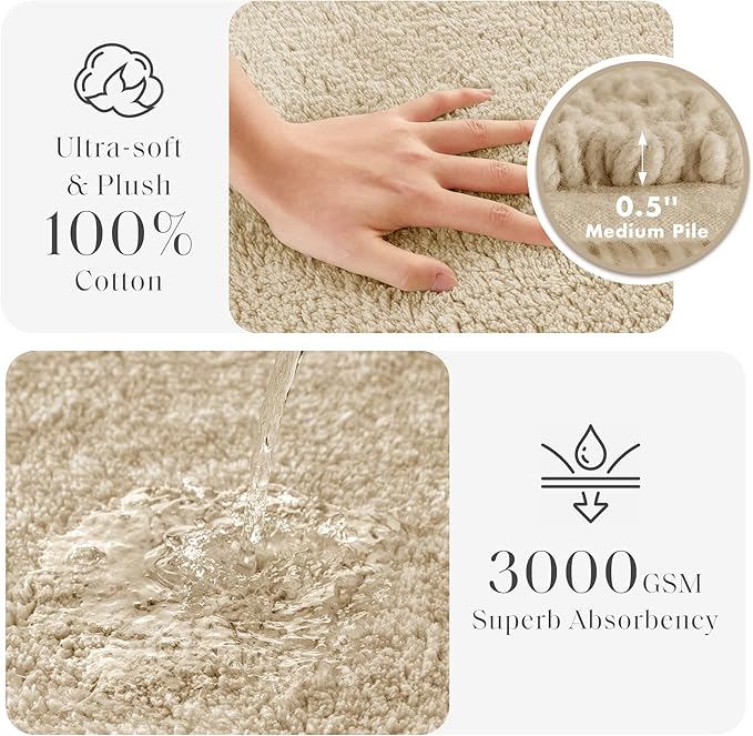 Madison Park Splendor Reversible 100% Cotton Tufted Bathroom Rug-3000 GSM Hotel Quality Luxurious Plush Medium Pile Bath Mat Absorbent, Quick Dry, Shower Room Décor, 20x30 Natural