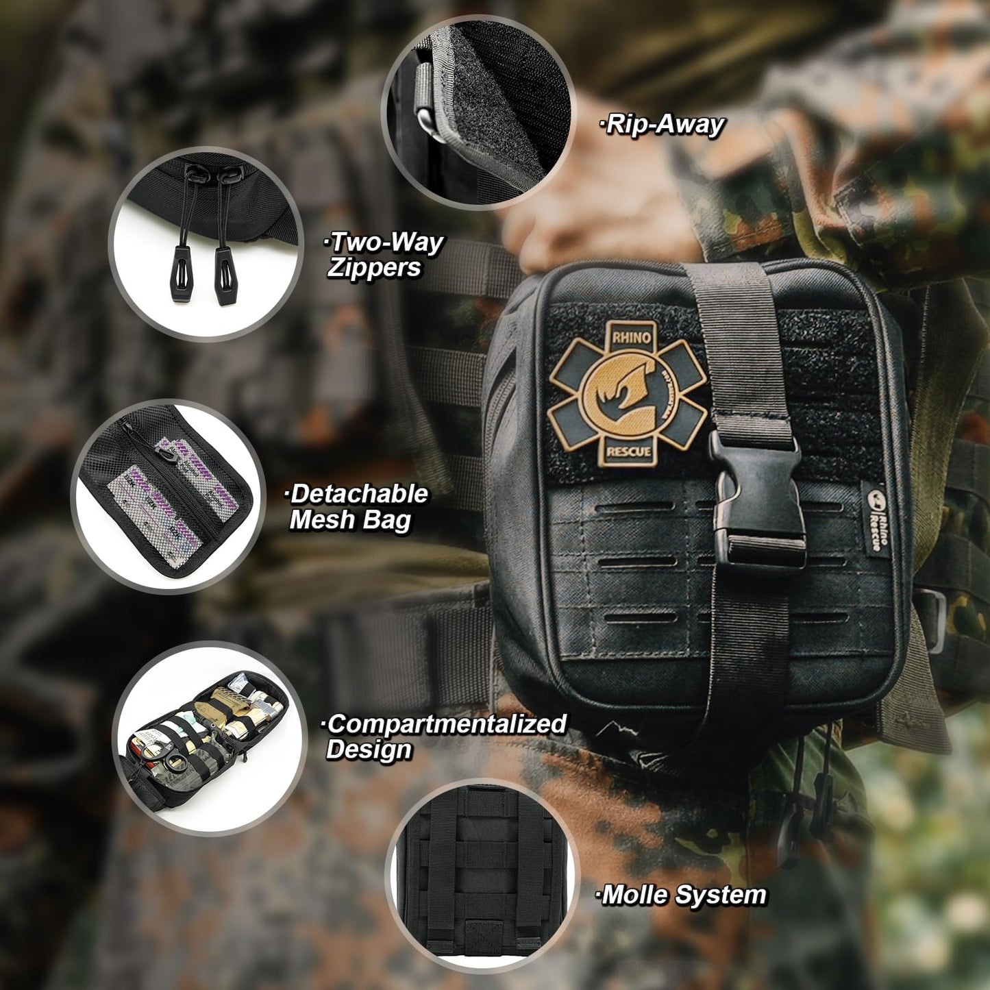 RHINO RESCUE IFAK Trauma Kit with C-A-T Tourniquet for Wound Care, Tactical First Aid Kit Molle Pouch for Military, Combat, Car, Camping, Hiking, Travel (Black)