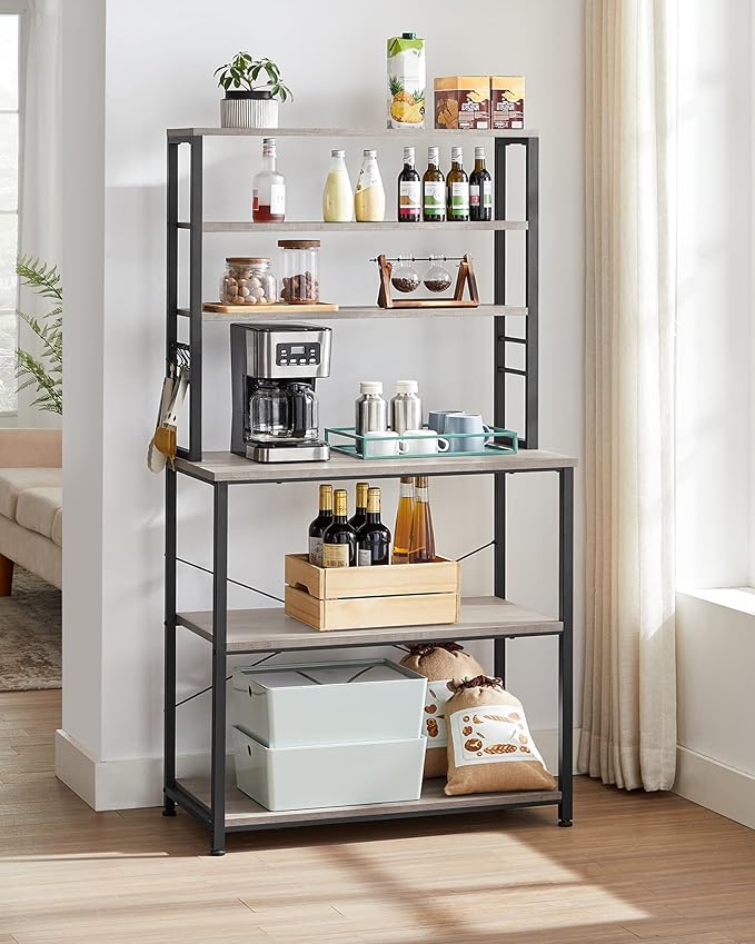 VASAGLE Coffee Bar, 31.5 Inches Baker's Rack for Kitchen with Storage, 6-Tier Kitchen Shelves with 6 Hooks, Microwave Stand, Industrial, Heather Greige and Ink Black UKKS019B02