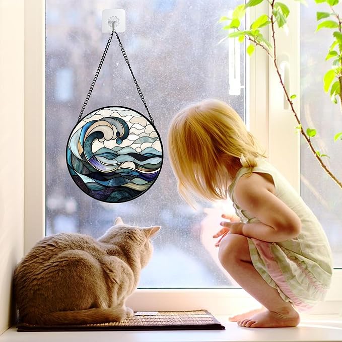 Stained Glass Window Hanging, Ocean Waves Sun Catchers Diamond Glass Panel Hangings Abstract Suncatcher Decor for Birthday for Women, Men, Wife, Aunt, and Mom 6.3 in