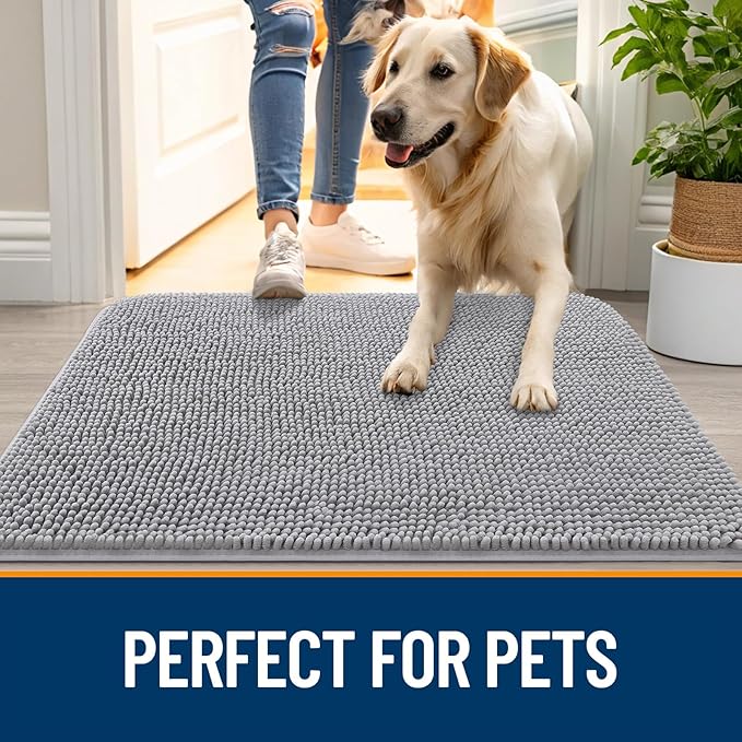 OLANLY Dog Door Mat for Muddy Paws 44x32, Absorbs Moisture and Dirt, Absorbent Non-Slip Washable Doormat, Quick Dry Chenille Mud Mat for Dogs, Entry Indoor Entryway Carpet for Inside Floor, Light Grey