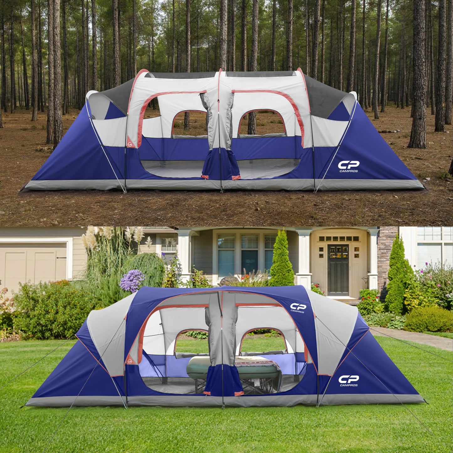 CAMPROS CP Tent 12-Person-Camping-Tents,3 Room Family Tents,Waterproof Windproof Family Tent with Top Rainfly,6 Large Mesh Windows,Double Layer,Easy Set Up, Portable with Carry Bag-20' x 9' x 72"(H)