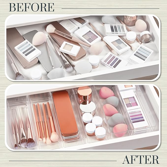 STORi SimpleSort 6-Piece Stackable Clear Drawer Organizer Set | 9" x 3" x 2" Rectangle Trays | Narrow Makeup Vanity Storage Bins and Office Desk Drawer Dividers | Made in USA